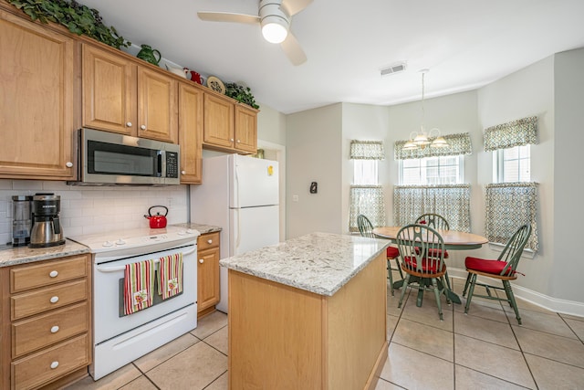 2418 Tuscany Dr, North Charleston, SC 29406 - kitchen featuring visible vents, tasteful backsplash, light tile patterned floors, ceiling fan with notable chandelier, and white appliances