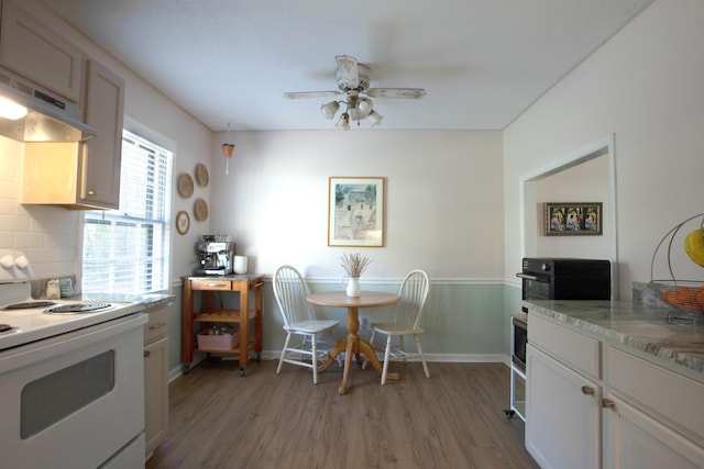 208 Owens Dr, Summerville, SC 29485 - kitchen with light wood-style flooring, ceiling fan, electric stove, and baseboards