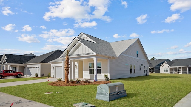 view of front facade featuring driveway, a garage, a standing seam roof, a front lawn, and board and batten siding