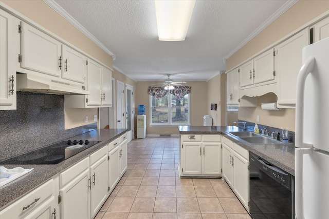 kitchen featuring black appliances, ornamental molding, under cabinet range hood, a sink, and white cabinetry