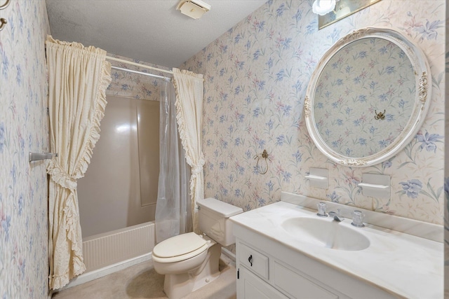 full bathroom with wallpapered walls, toilet, vanity, and a textured ceiling