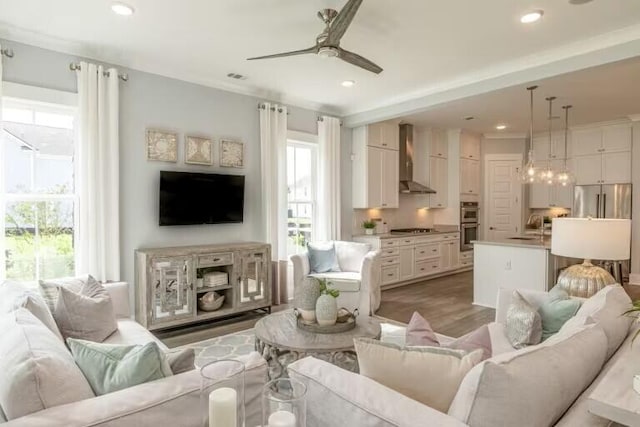 living room with sink, ceiling fan, hardwood / wood-style floors, and plenty of natural light