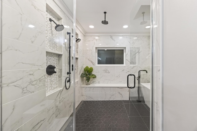 bathroom with tile patterned floors and a shower with shower door