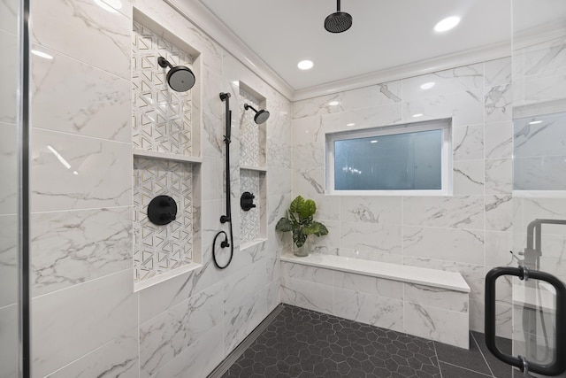 bathroom featuring walk in shower, tile walls, and ornamental molding