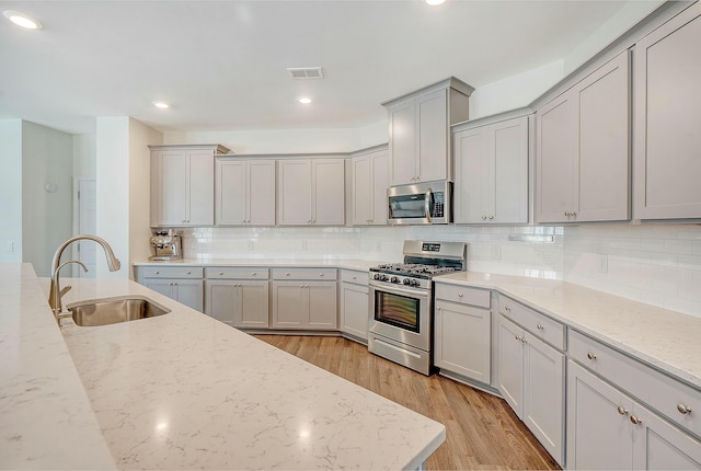 kitchen with visible vents, a sink, decorative backsplash, appliances with stainless steel finishes, and light wood-type flooring