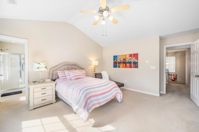 bedroom featuring baseboards, vaulted ceiling, a ceiling fan, and light colored carpet