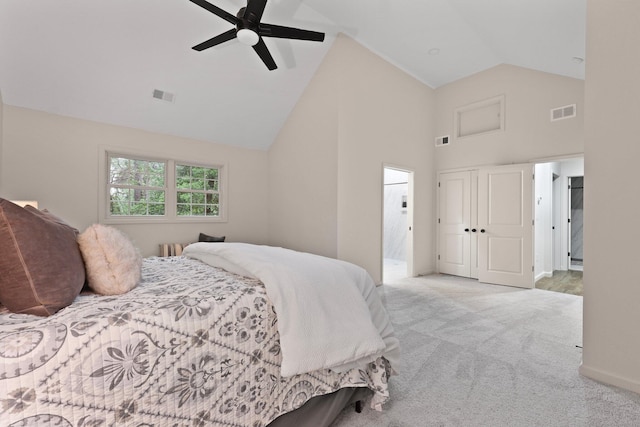 120 Live Oak Rd, Summerville, SC 29485 - carpeted bedroom with visible vents, high vaulted ceiling, and ceiling fan