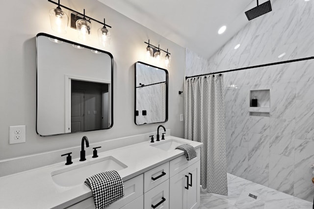 120 Live Oak Rd, Summerville, SC 29485 - full bath featuring marble finish floor, a sink, double vanity, and curtained shower