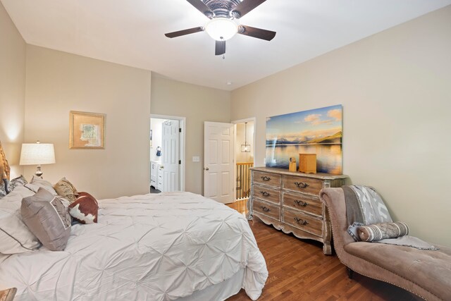 bedroom featuring hardwood / wood-style floors and ceiling fan