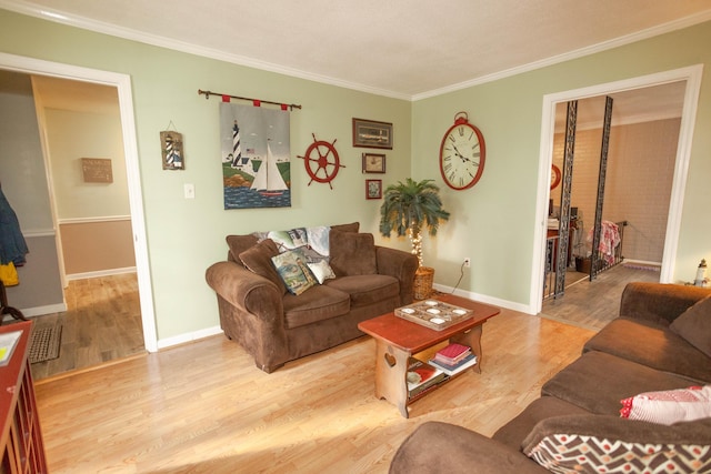 living room featuring crown molding and light hardwood / wood-style floors