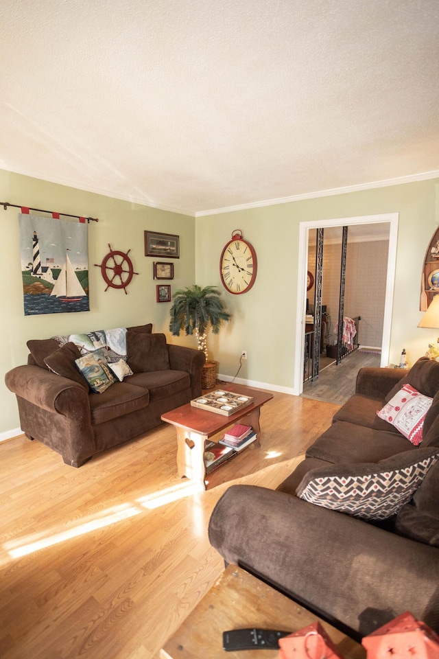 living room with hardwood / wood-style flooring, ornamental molding, and a textured ceiling