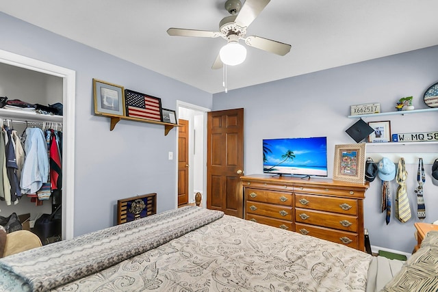 carpeted bedroom with ceiling fan and a closet