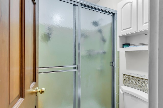 bathroom featuring toilet and a shower stall