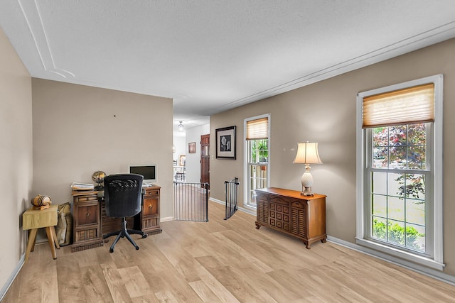 office space with light wood-type flooring and baseboards