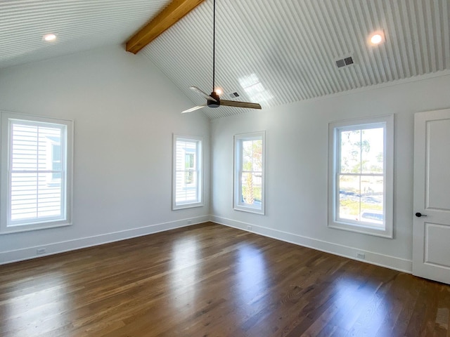 spare room with baseboards, high vaulted ceiling, beam ceiling, and dark wood-type flooring