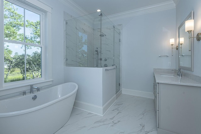 full bathroom featuring vanity, ornamental molding, marble finish floor, a soaking tub, and a shower stall