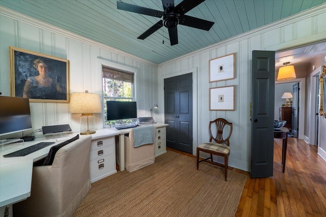 home office with ornamental molding, wooden ceiling, wood finished floors, and a ceiling fan