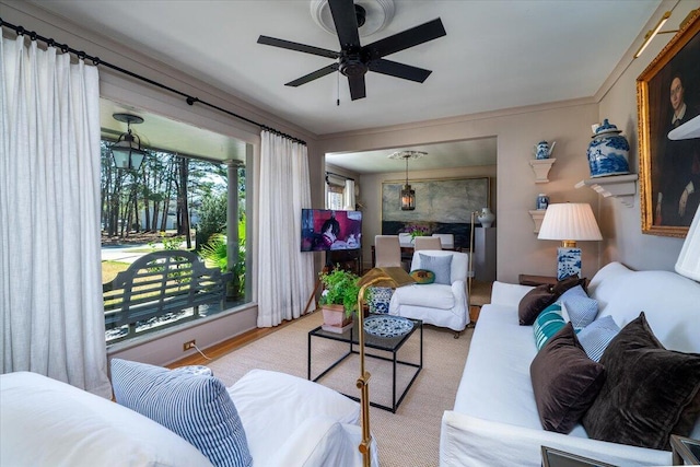 living room with a ceiling fan