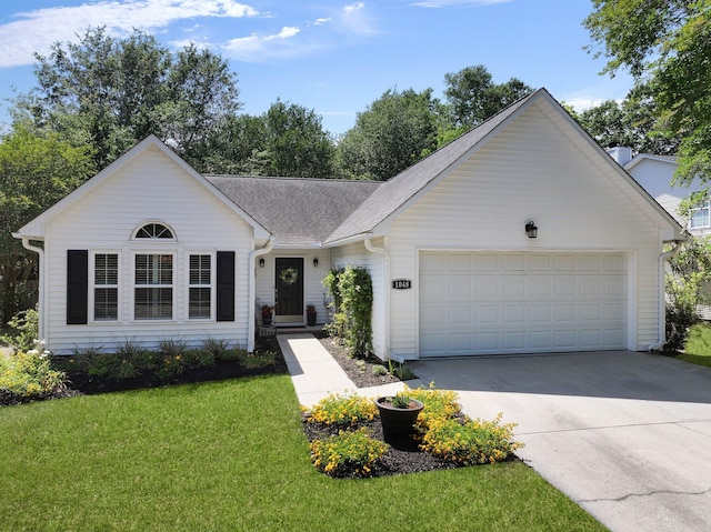 ranch-style home with driveway, a front yard, a garage, and a shingled roof