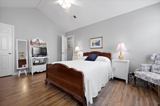 bedroom featuring lofted ceiling, dark wood finished floors, and ceiling fan