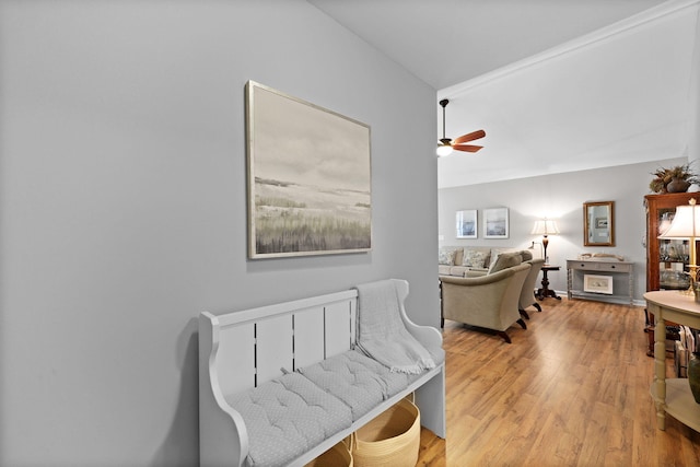 living room featuring ceiling fan, vaulted ceiling, and light wood-type flooring