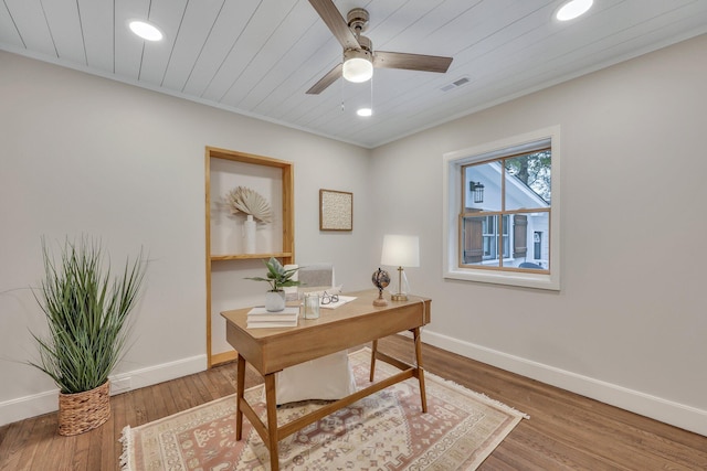 office area featuring ceiling fan, wood-type flooring, and wooden ceiling