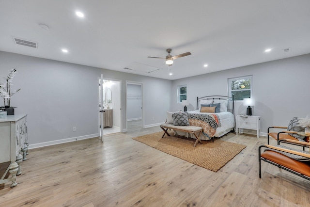 bedroom featuring light hardwood / wood-style flooring and ceiling fan