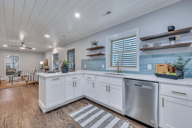 kitchen featuring sink, wood ceiling, dishwasher, dark hardwood / wood-style floors, and white cabinets