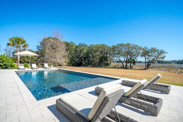 view of swimming pool with a yard and a patio