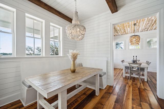 dining area with plenty of natural light, dark hardwood / wood-style flooring, and a chandelier