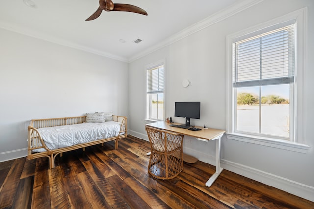 home office with ceiling fan, crown molding, dark wood-type flooring, and a healthy amount of sunlight