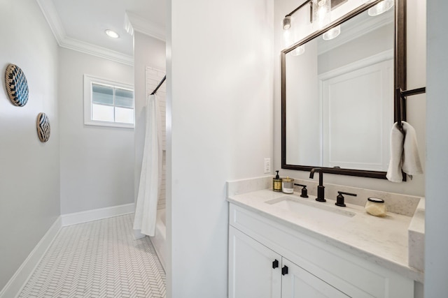 bathroom with shower / bath combination with curtain, crown molding, large vanity, and tile floors