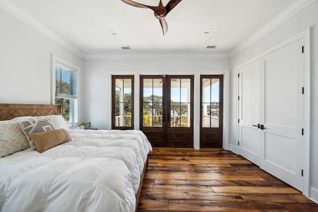 bedroom featuring ceiling fan, access to exterior, crown molding, dark hardwood / wood-style floors, and french doors