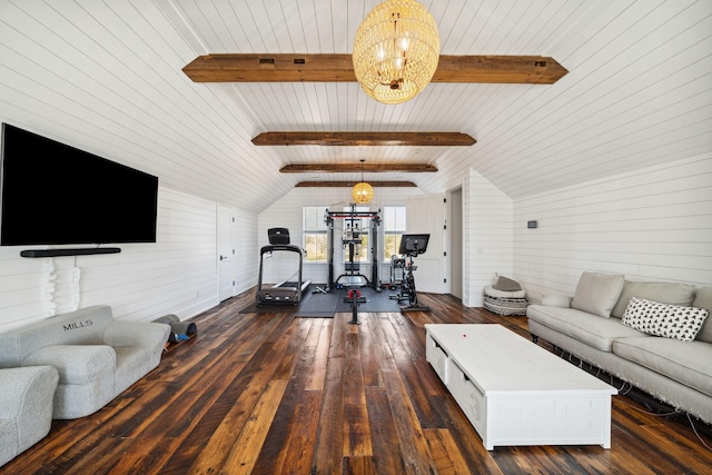 living room with dark hardwood / wood-style flooring, vaulted ceiling with beams, and wooden ceiling