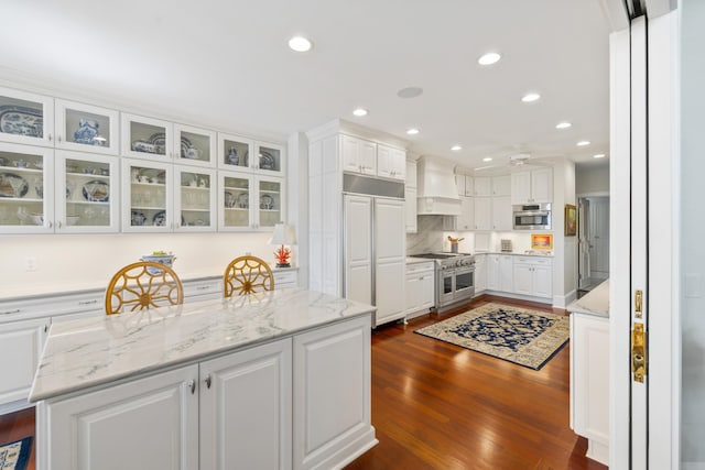 kitchen featuring dark wood-type flooring, high quality appliances, light stone counters, white cabinetry, and custom exhaust hood