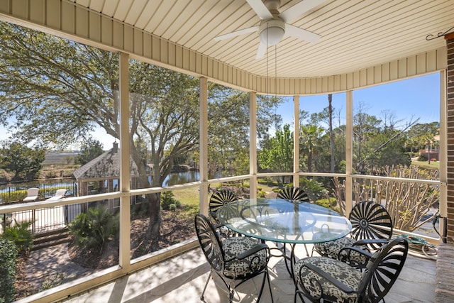 sunroom / solarium featuring ceiling fan