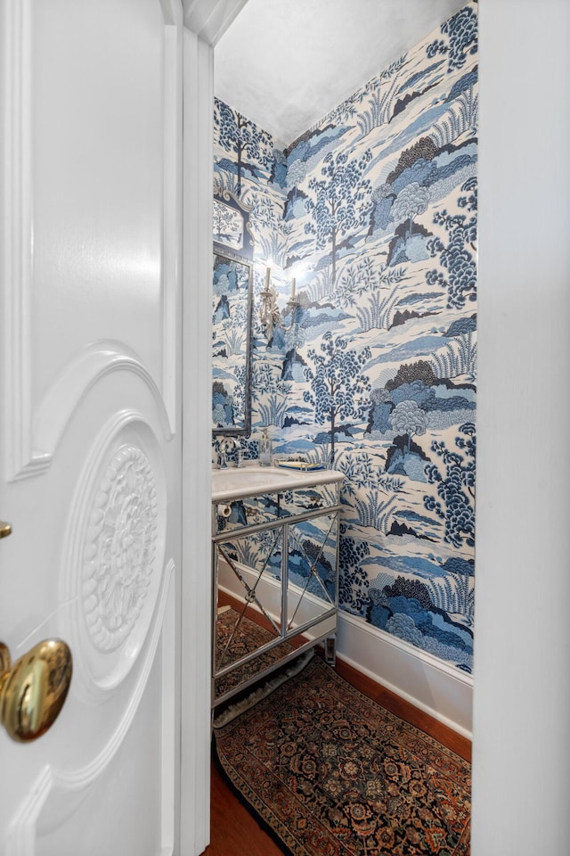 bathroom with hardwood / wood-style floors