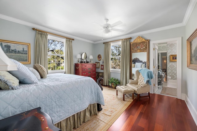 bedroom featuring ceiling fan, crown molding, multiple windows, and hardwood / wood-style flooring