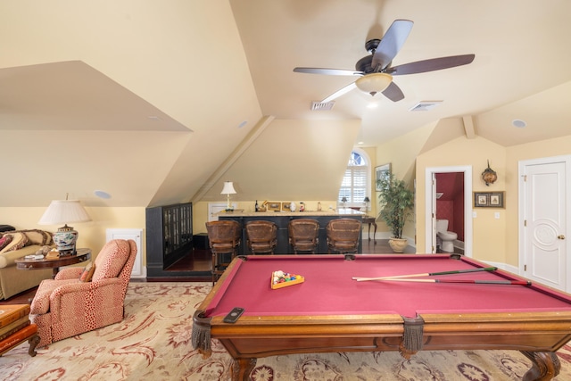 playroom with light hardwood / wood-style floors, billiards, ceiling fan, and lofted ceiling