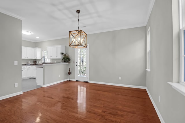 interior space featuring crown molding, sink, a notable chandelier, and dark hardwood / wood-style floors