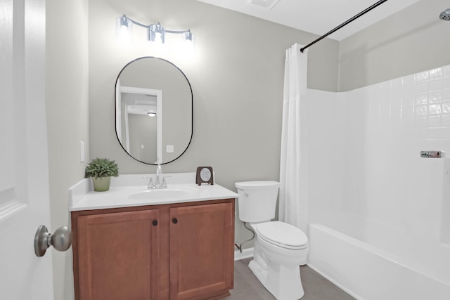 full bathroom featuring tile patterned flooring, vanity, shower / bathtub combination with curtain, and toilet