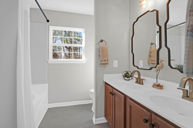 bathroom with vanity, tile patterned flooring, and toilet