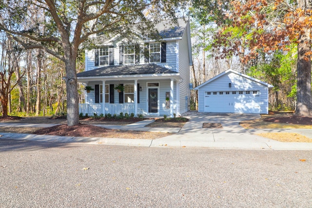 view of front of home with a garage, an outdoor structure, and covered porch