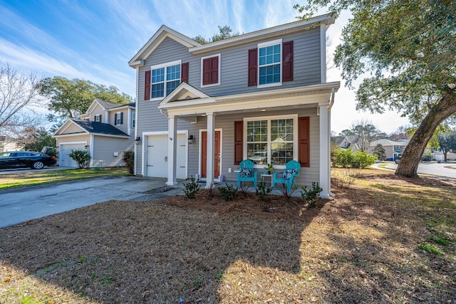 traditional home featuring a garage, concrete driveway, and a porch