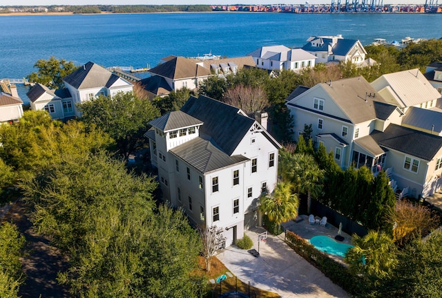 drone / aerial view with a water view