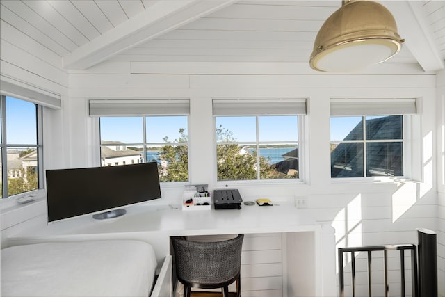 office area with vaulted ceiling with beams, wooden ceiling, and wood walls