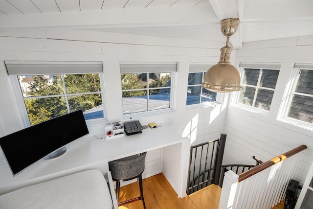 office with beamed ceiling, light hardwood / wood-style floors, and wooden ceiling