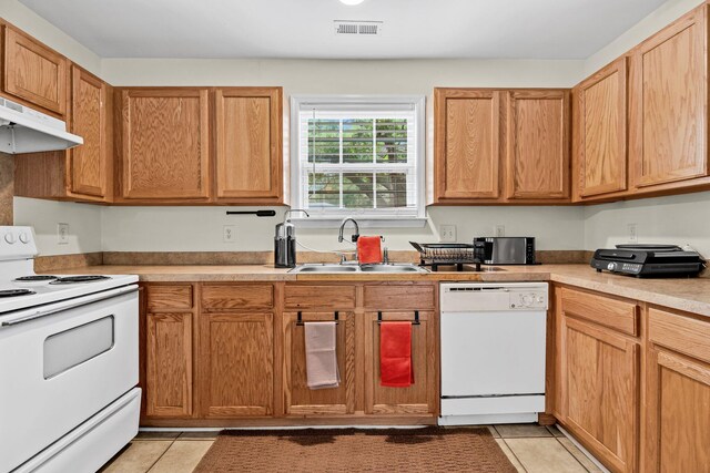 2919 Fernwood Dr, North Charleston, SC 29406 - kitchen featuring visible vents, white appliances, under cabinet range hood, a sink, and light tile patterned floors