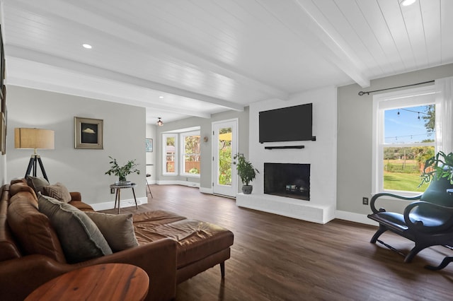 1468 N Relyea Ave, Charleston, SC 29412 - living area with beamed ceiling, dark wood finished floors, recessed lighting, and a fireplace with raised hearth