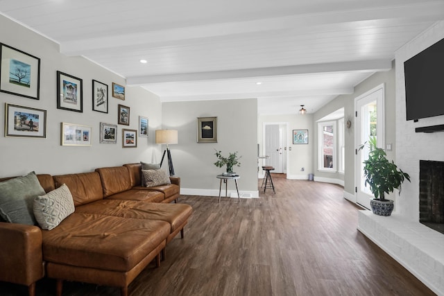 1468 N Relyea Ave, Charleston, SC 29412 - living area with beamed ceiling, dark wood-type flooring, a fireplace, and recessed lighting